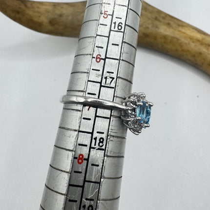 Vintage Blue Topaz Clear Diamond 925 Sterling Silver Ring