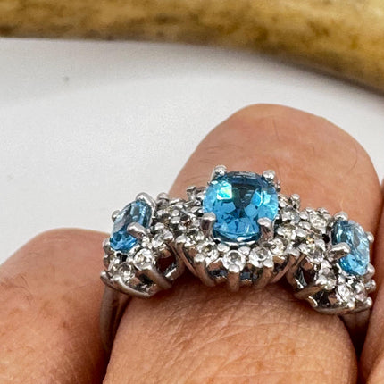 Vintage Blue Topaz Clear Diamond 925 Sterling Silver Ring