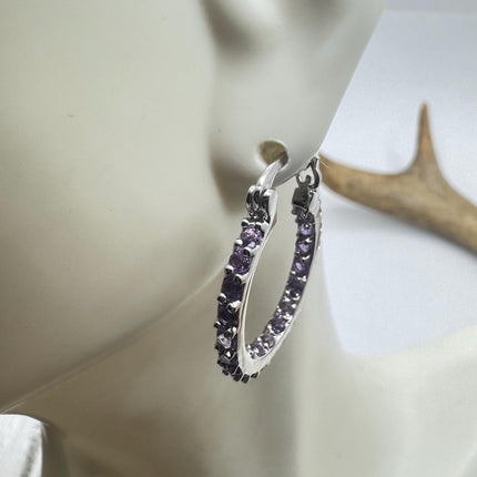 Vintage Purple Amethyst 925 Sterling Silver Hoop Earrings