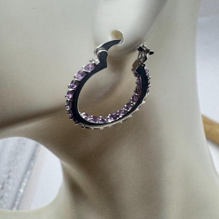 Vintage Purple Amethyst 925 Sterling Silver Hoop Earrings