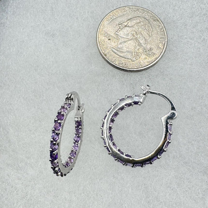 Vintage Purple Amethyst 925 Sterling Silver Hoop Earrings