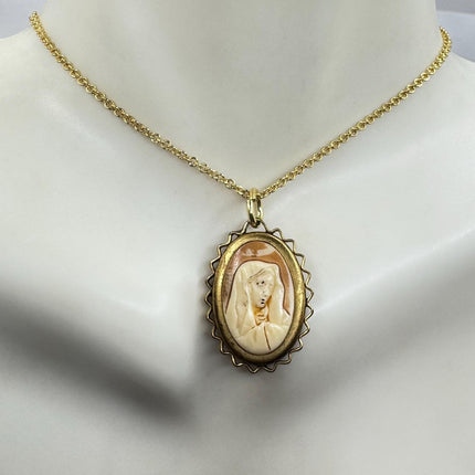 Vintage Cameo St Mary Pendant Necklace 12k Gold Filled