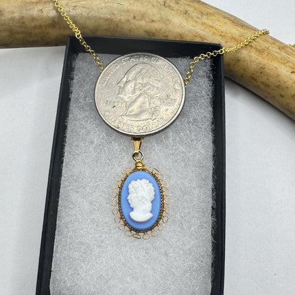 Vintage Blue Wedgewood Cameo Pendant Necklace 12k Gold Filled