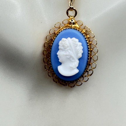Vintage Blue Wedgewood Cameo Pendant Necklace 12k Gold Filled