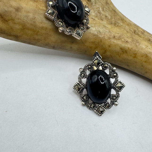 Vintage Marcasite Black Onyx Earrings: Sterling Silver Deco Studs-Earrings-TomWayne Jewelers