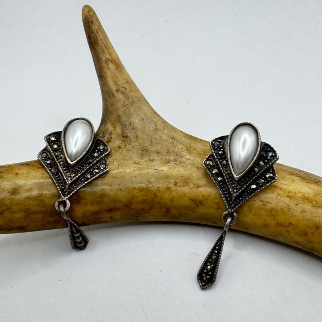 Vintage White Mother of Pearl Silver Marcasite Drop Earrings 925 Sterling Silver