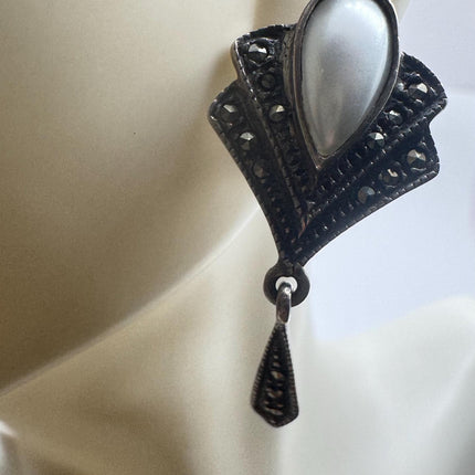 Vintage White Mother of Pearl Silver Marcasite Drop Earrings 925 Sterling Silver
