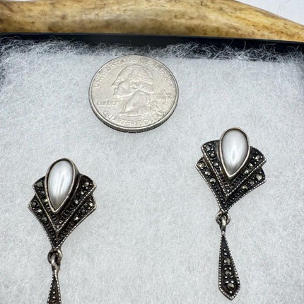Vintage White Mother of Pearl Silver Marcasite Drop Earrings 925 Sterling Silver