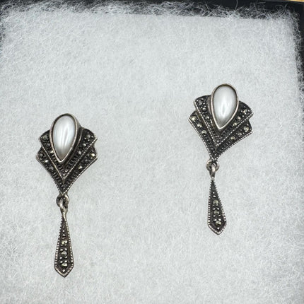 Vintage White Mother of Pearl Silver Marcasite Drop Earrings 925 Sterling Silver