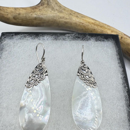 Vintage White Mother of Pearl Silver Drop Earrings 925 Sterling Silver