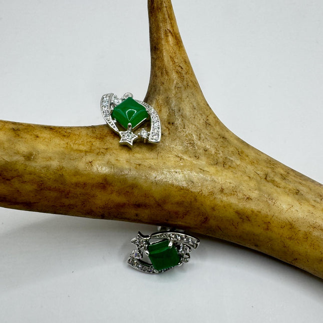 Vintage Silver Green Jade Lucky Stud Earrings