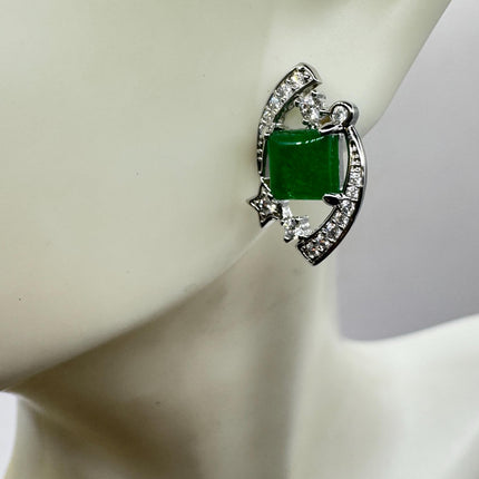 Vintage Silver Green Jade Lucky Stud Earrings