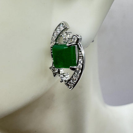 Vintage Silver Green Jade Lucky Stud Earrings