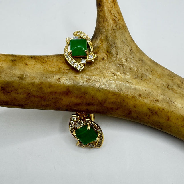 Vintage Golden Green Jade Lucky Stud Earrings