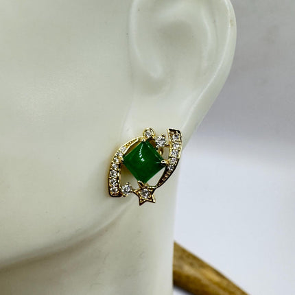 Vintage Golden Green Jade Lucky Stud Earrings