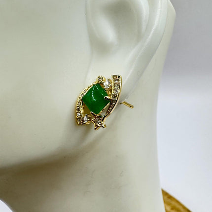Vintage Golden Green Jade Lucky Stud Earrings