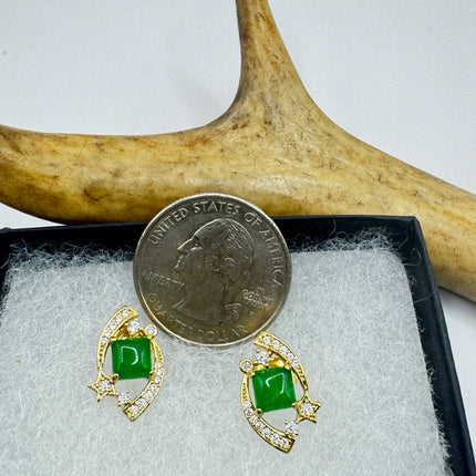 Vintage Golden Green Jade Lucky Stud Earrings