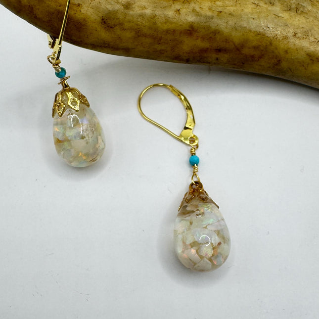 Vintage White Fire Floating Opal Earrings - Gold 925 Sterling Silver