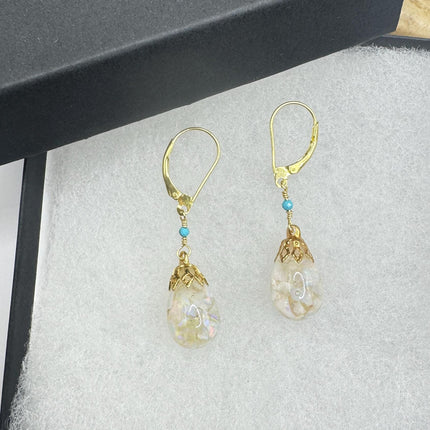 Vintage White Fire Floating Opal Earrings - Gold 925 Sterling Silver