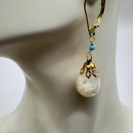 Vintage White Fire Floating Opal Earrings - Gold 925 Sterling Silver