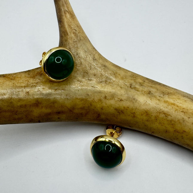 Vintage Golden Green Jade Lucky Stud Earrings