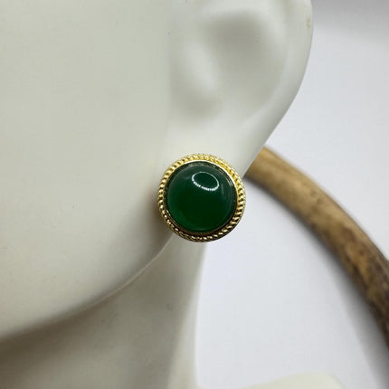 Vintage Golden Green Jade Lucky Stud Earrings