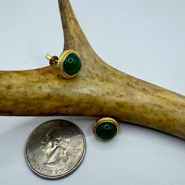 Green Jade Earrings – Vintage Stud Earrings With Golden Bronze Finish-Earrings-TomWayne Jewelers