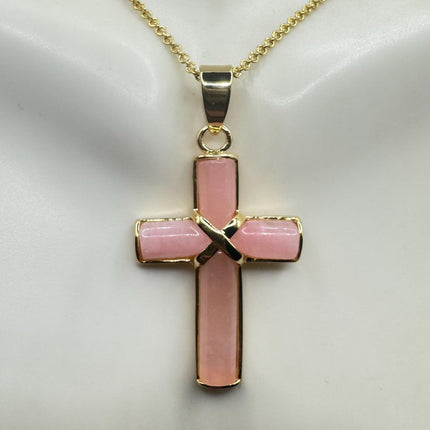Vintage Pink Rose Quartz Cross Gold Filled Necklace