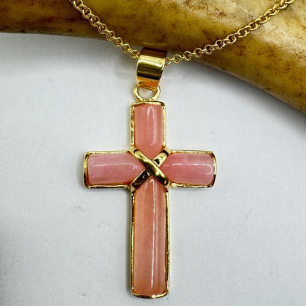 Vintage Pink Rose Quartz Cross Gold Filled Necklace