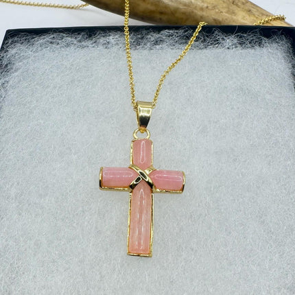 Vintage Pink Rose Quartz Cross Gold Filled Necklace