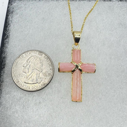 Vintage Pink Rose Quartz Cross Gold Filled Necklace