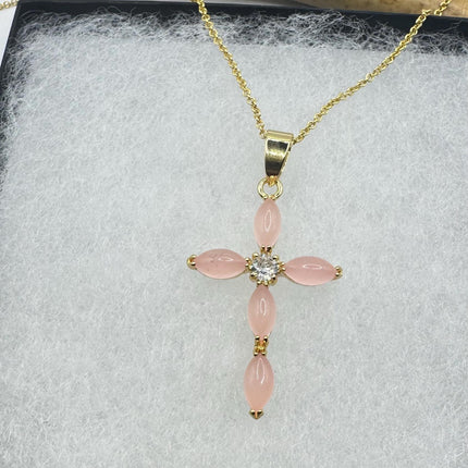 Vintage Pink Rose Quartz Cross Gold Filled Necklace