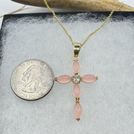 Vintage Pink Rose Quartz Cross Gold Filled Necklace