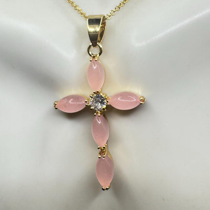 Vintage Pink Rose Quartz Cross Gold Filled Necklace