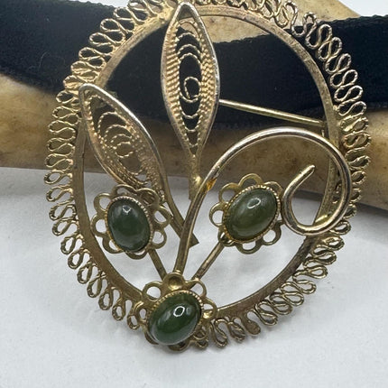 Vintage Green Jade Brooch Pin: 12K Gold Filled Velvet Choker