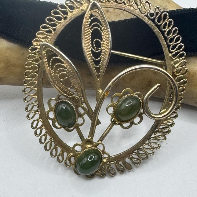 Vintage Jade Brooch – Gold Filled Green Jade Pin on Velvet Choker-Pins and Brooches-TomWayne Jewelers