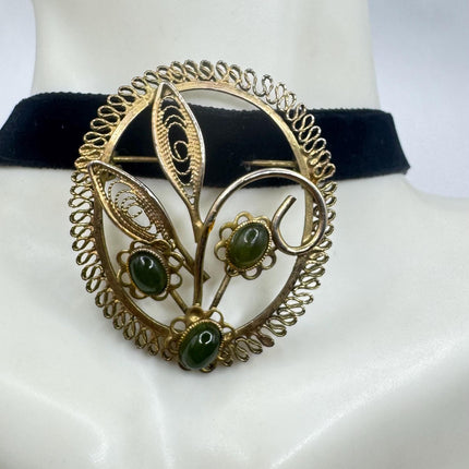 Vintage Green Jade Brooch Pin: 12K Gold Filled Velvet Choker
