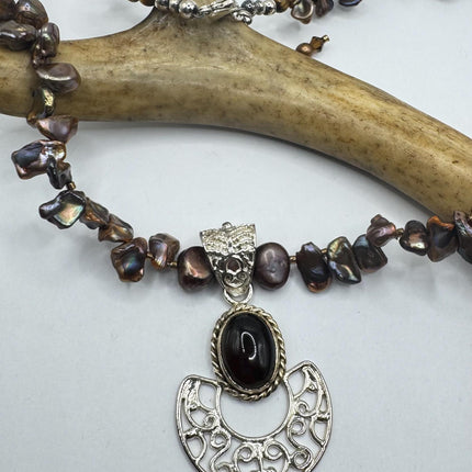 Vintage Chunky Brown Pearl Necklace 925 Sterling Silver