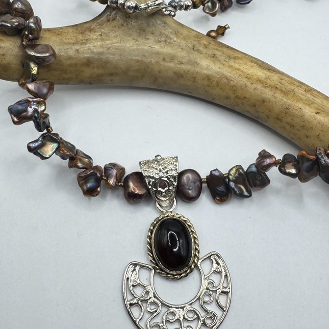 Vintage Chunky Brown Pearl Necklace 925 Sterling Silver