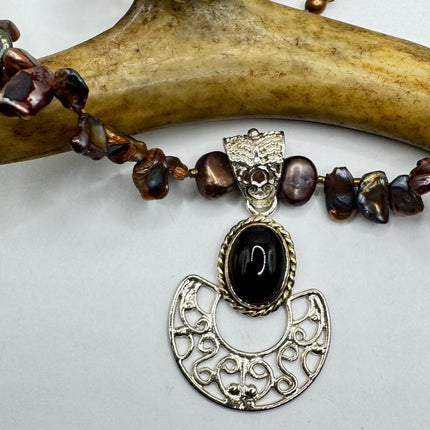 Vintage Chunky Brown Pearl Necklace 925 Sterling Silver