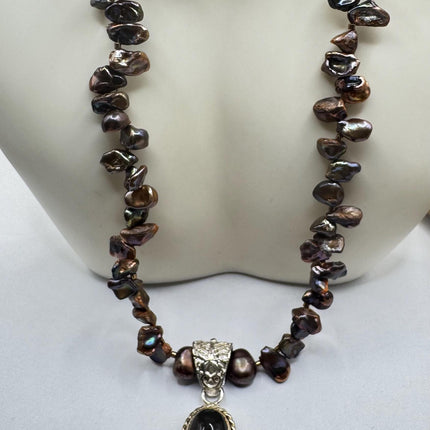 Vintage Chunky Brown Pearl Necklace 925 Sterling Silver