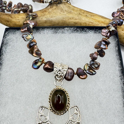 Vintage Chunky Brown Pearl Necklace 925 Sterling Silver