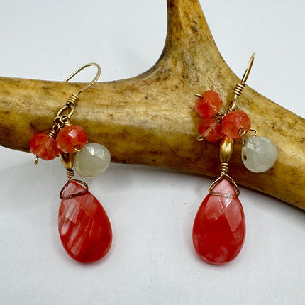 Vintage Pink Cherry Quartz Gold 925 Sterling Silver Earrings