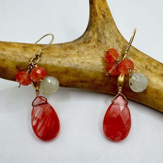 Vintage Pink Cherry Quartz Gold 925 Sterling Silver Earrings