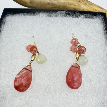 Vintage Pink Cherry Quartz Gold 925 Sterling Silver Earrings