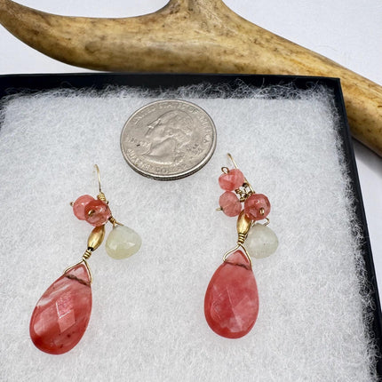 Vintage Pink Cherry Quartz Gold 925 Sterling Silver Earrings