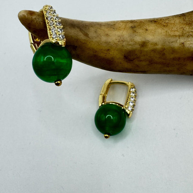 Vintage Green Jade Dangle Lucky Gold Earrings