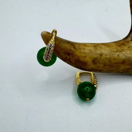 Vintage Green Jade Dangle Lucky Gold Earrings