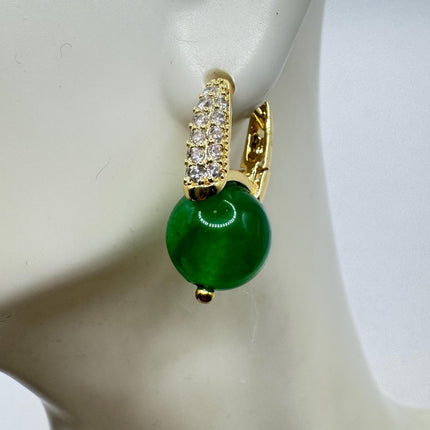 Vintage Green Jade Dangle Lucky Gold Earrings