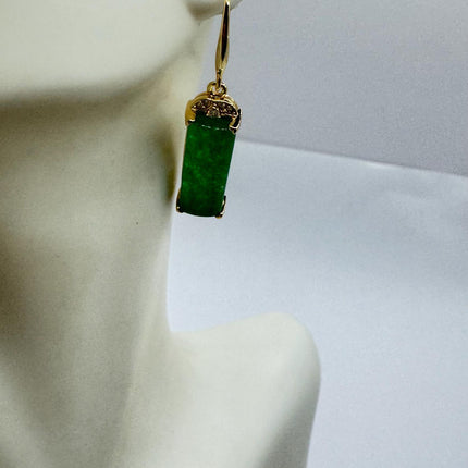 Vintage Green Jade Dangle Lucky Gold Earrings